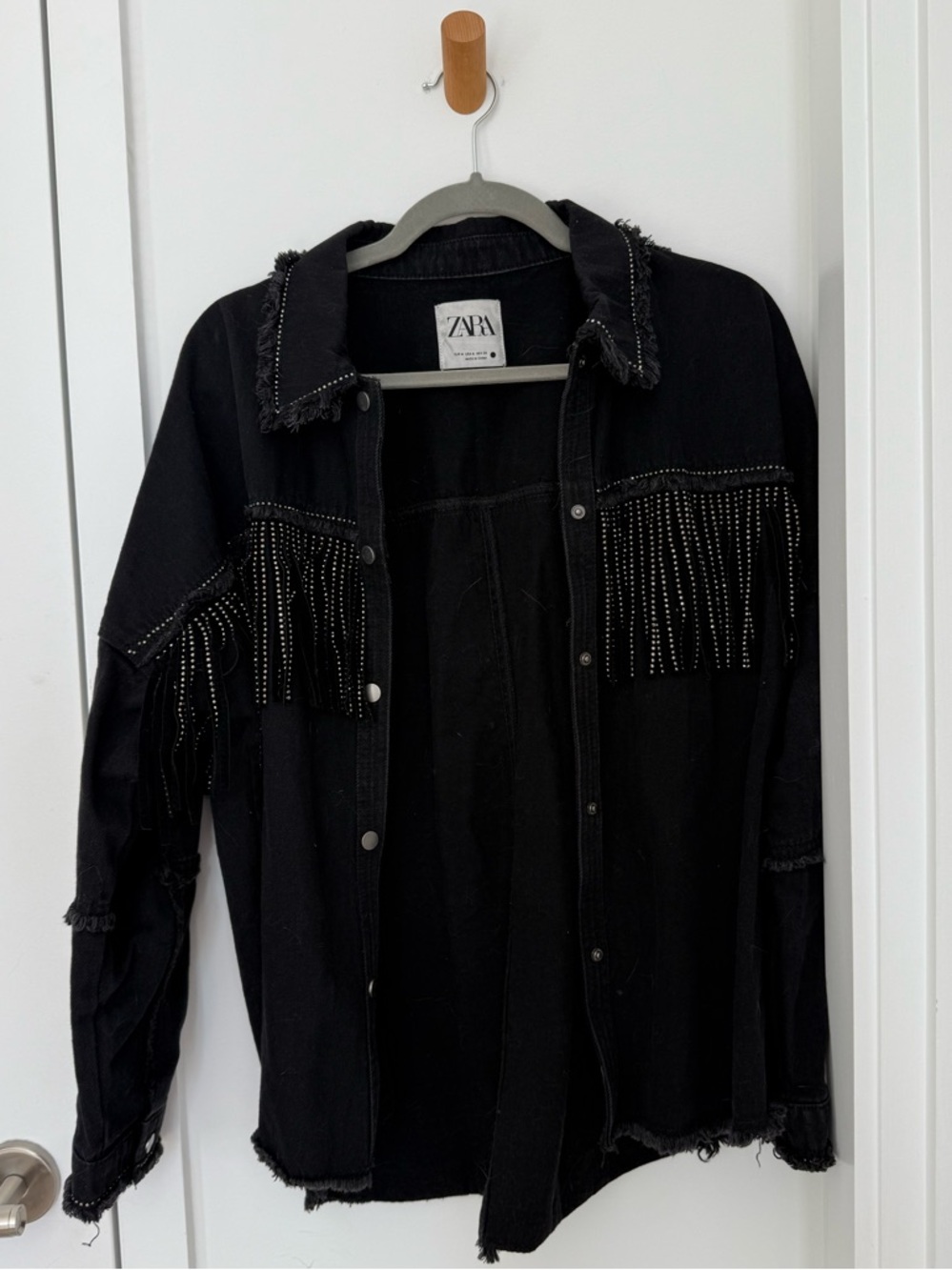Zara Black Denim Jacket with Rhinestone Fringe